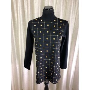 VTG BeadedSweater Theo Miles Black Gold Studs Buttons Shoulder Pads Size S Wool